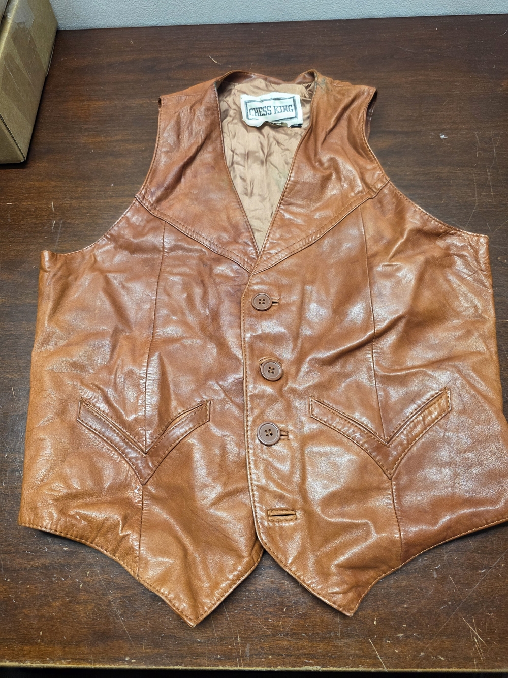 Men's Cognac Leather Vest - Classic Button Front